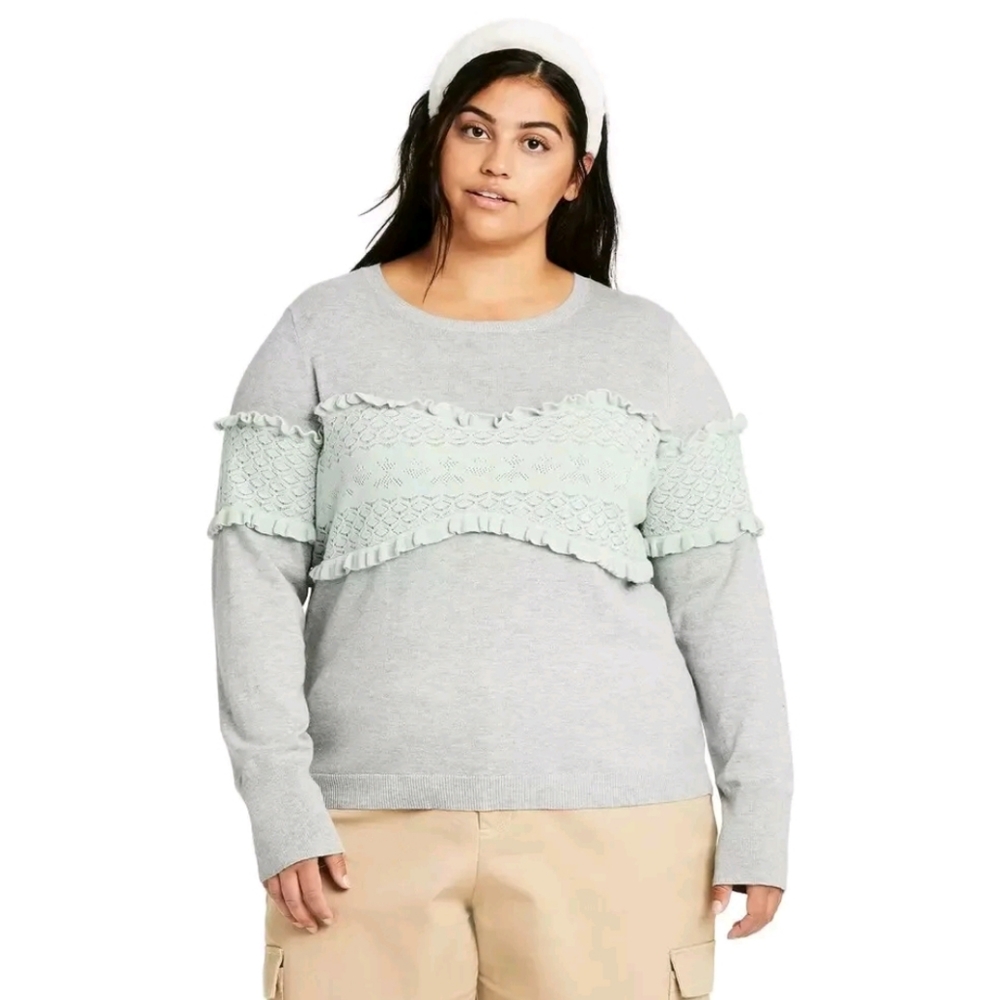 Sandy Liang Gray Light Green Crewneck Sweater 1X 2X 3X